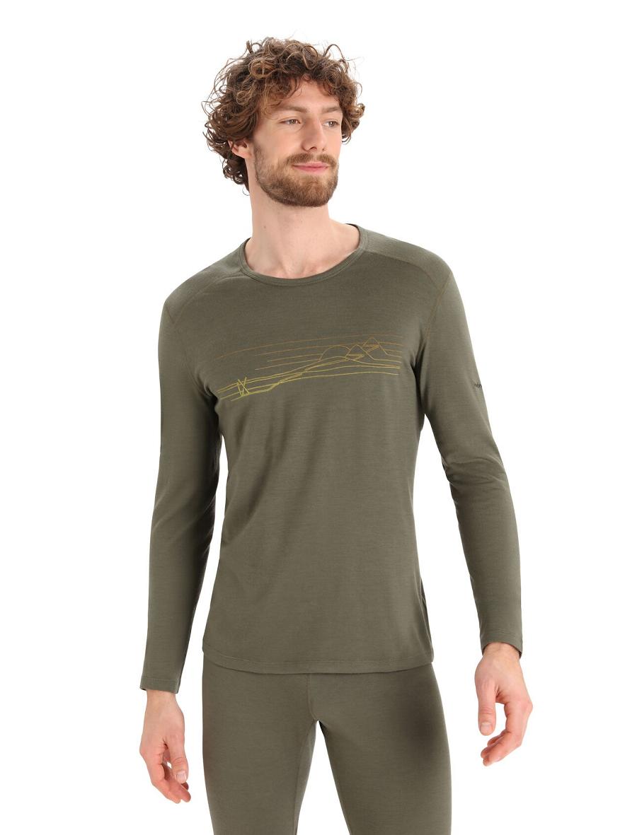 Men\'s Icebreaker Merino 200 Oasis Long Sleeve Crewe Ski Stripes Base Layers Loden | CA 1580CTVE